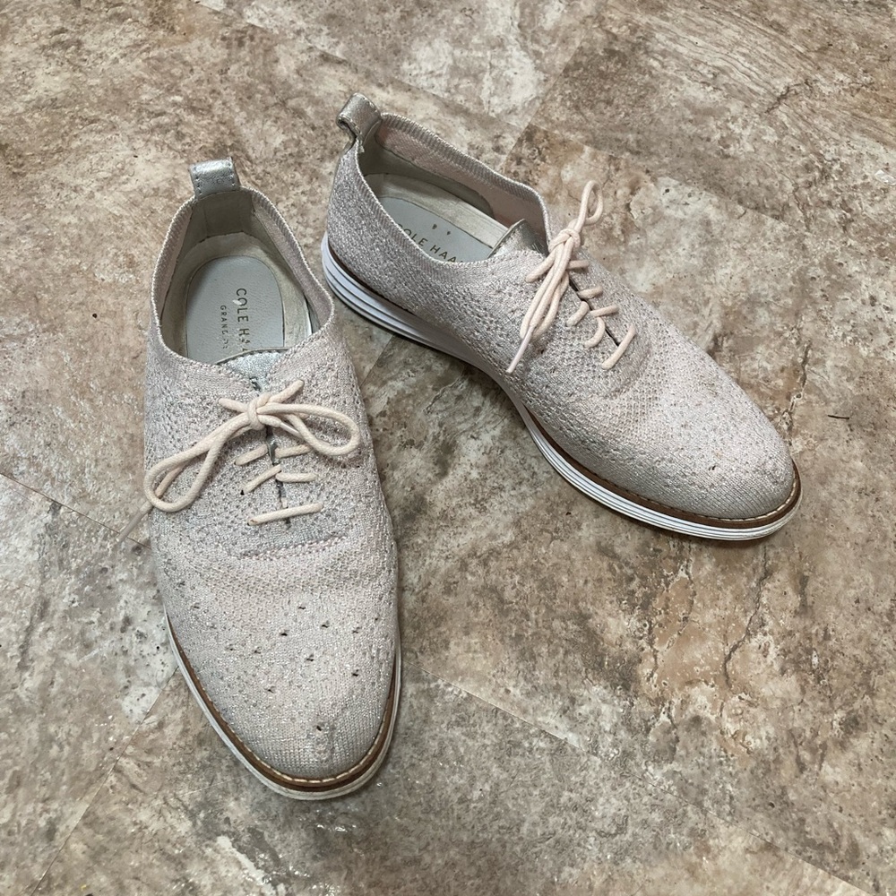 Cole Haan Grand OS Men’s Knit Lace-Up Oxfords Cream and Silver Size 6.5B